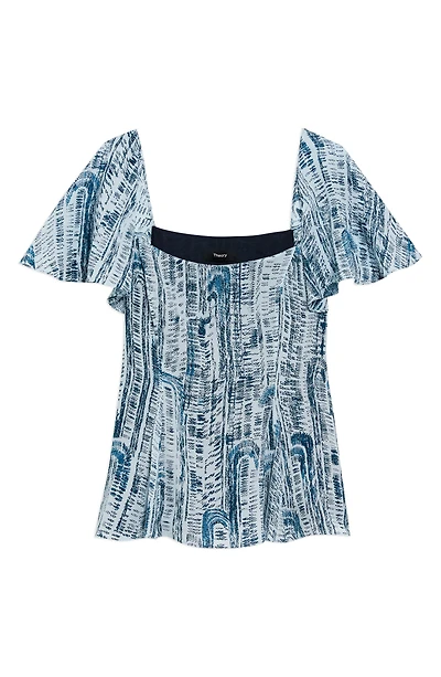 Godet Flutter Sleeve Silk Blouse