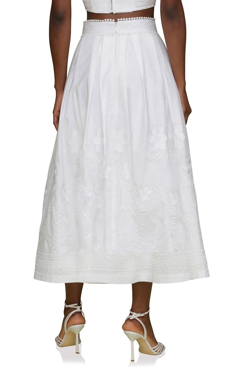 Floral Embroidered Pleated Cotton Midi Skirt