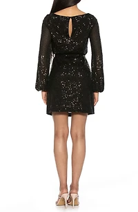 Val Sequin Long Sleeve Tie Waist Shift Dress