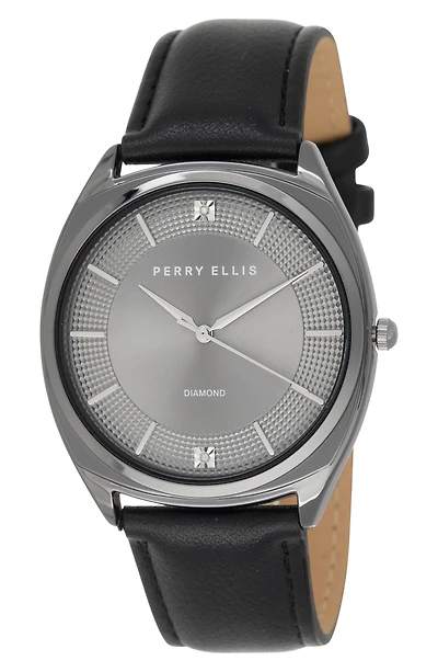 Gunmetal Bezel Diamond Accent Leather Strap Watch, 41mm