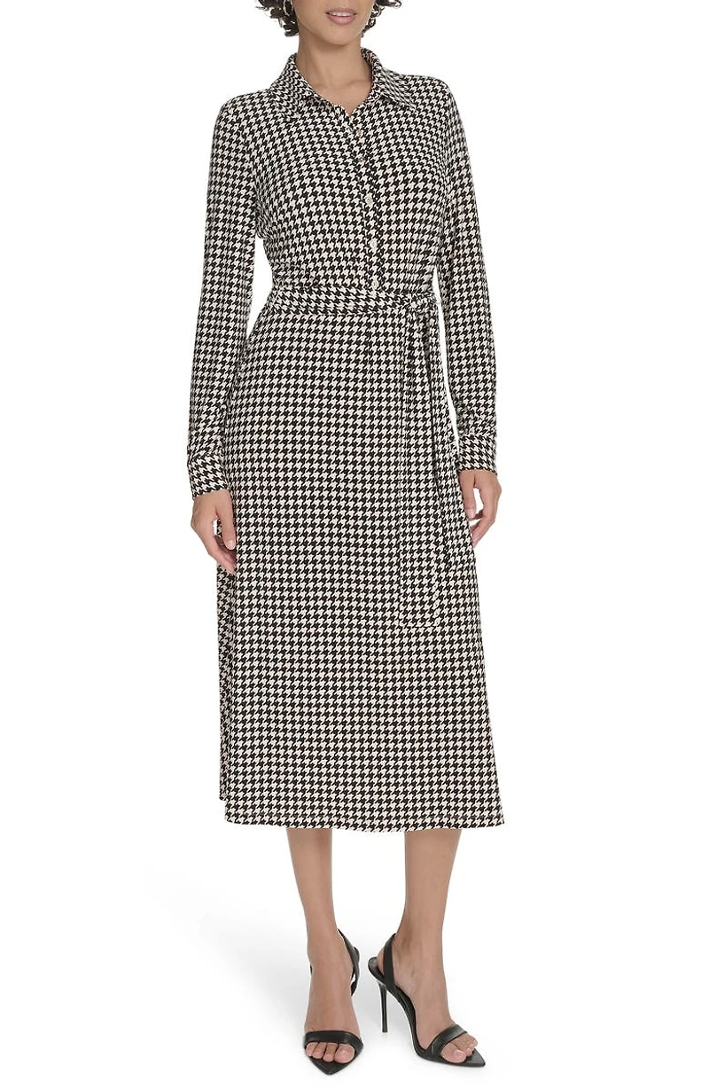Houndstooth Long Sleeve Tie Waist Shirtdress
