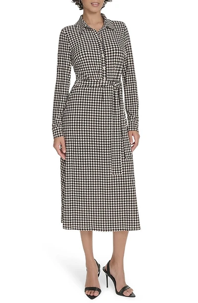 Houndstooth Long Sleeve Tie Waist Shirtdress