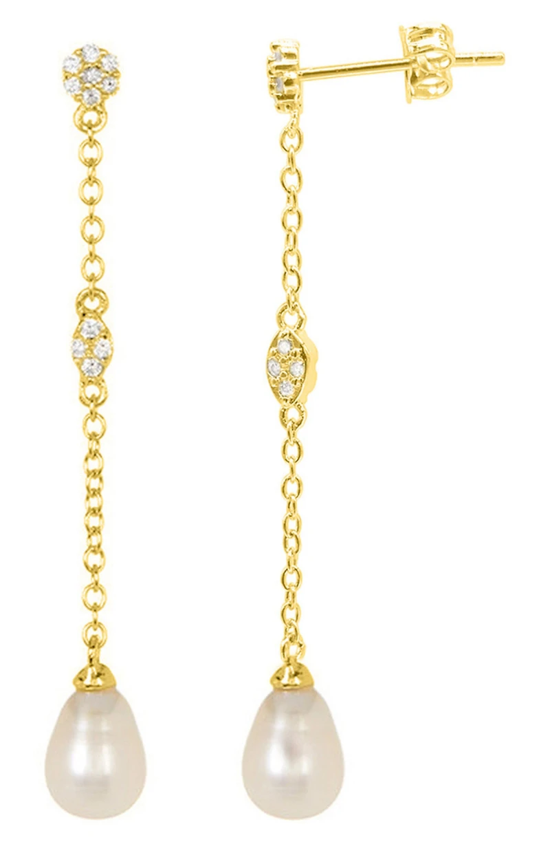 White Rhodium Plated Swarovski Crystal Accented & 7mm Freshwater Pearl Drop Earrings