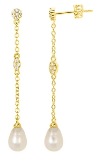 White Rhodium Plated Swarovski Crystal Accented & 7mm Freshwater Pearl Drop Earrings