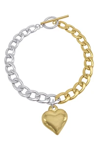 Two-Tone Heart Charm Toggle Bracelet
