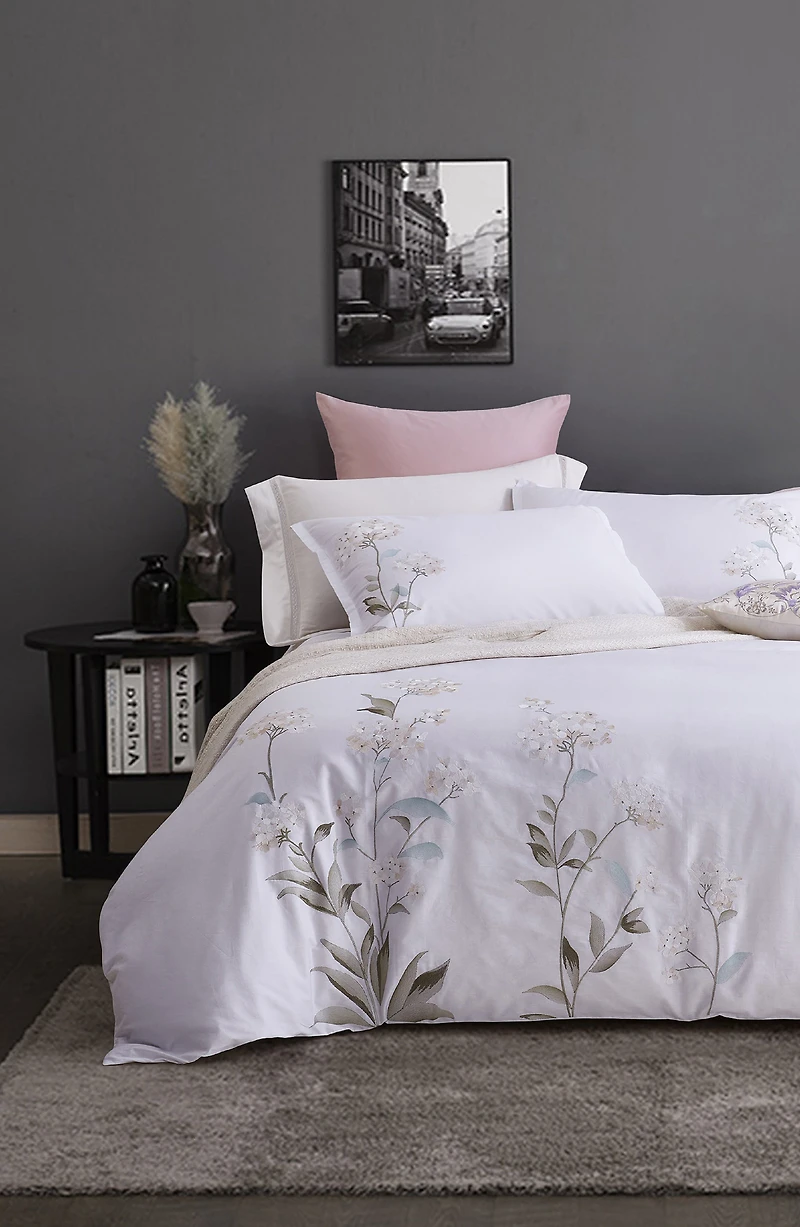 White Hydrangea Embroidery Cotton Duvet Cover Set