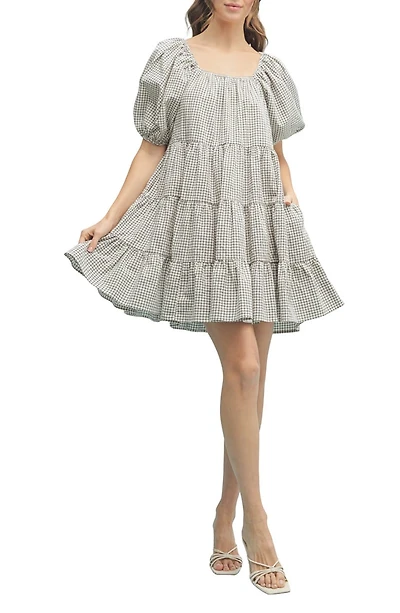Plaid Puff Sleeve Cotton Blend Tiered Minidress
