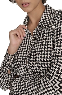 Houndstooth Long Sleeve Tie Waist Shirtdress