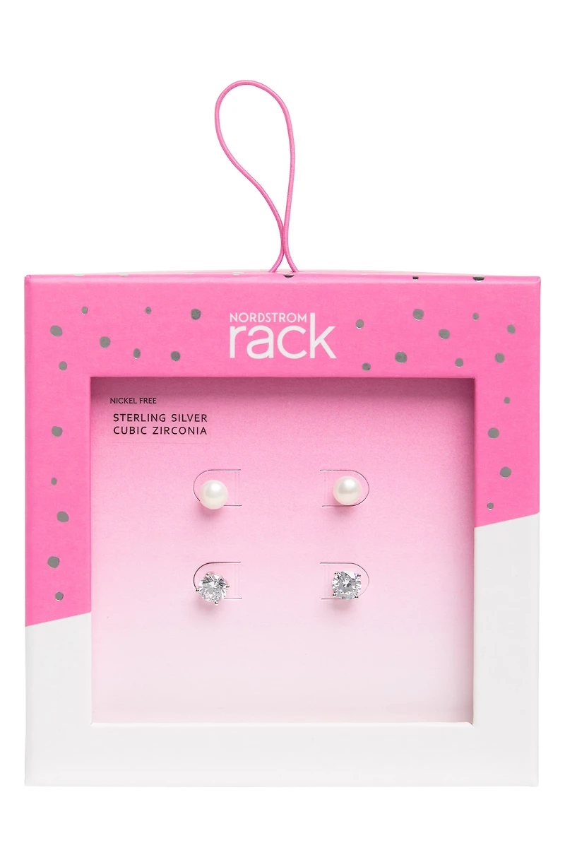 Set of 2 Sterling Silver Cubic Zirconia & Faux Pearl Stud Earrings
