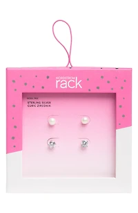Set of 2 Sterling Silver Cubic Zirconia & Faux Pearl Stud Earrings