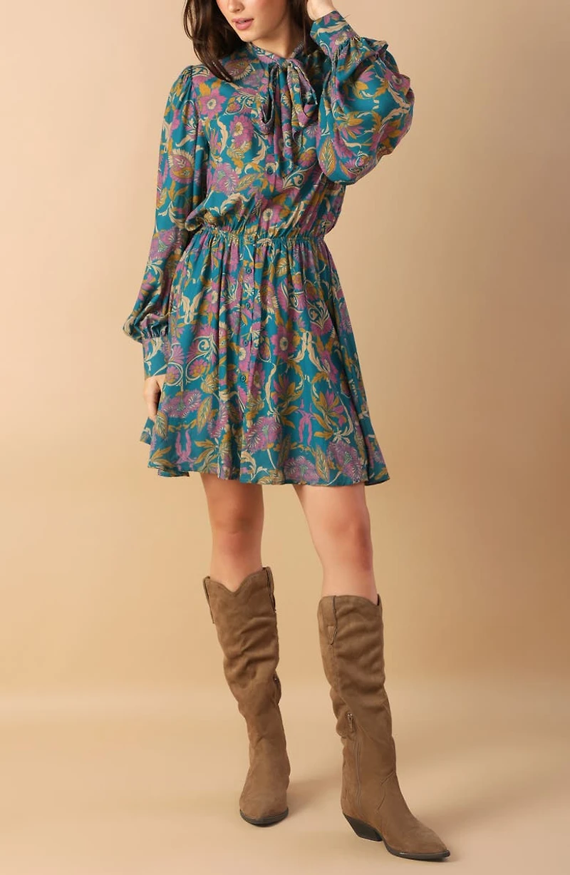 Tie Neck Long Sleeve Minidress