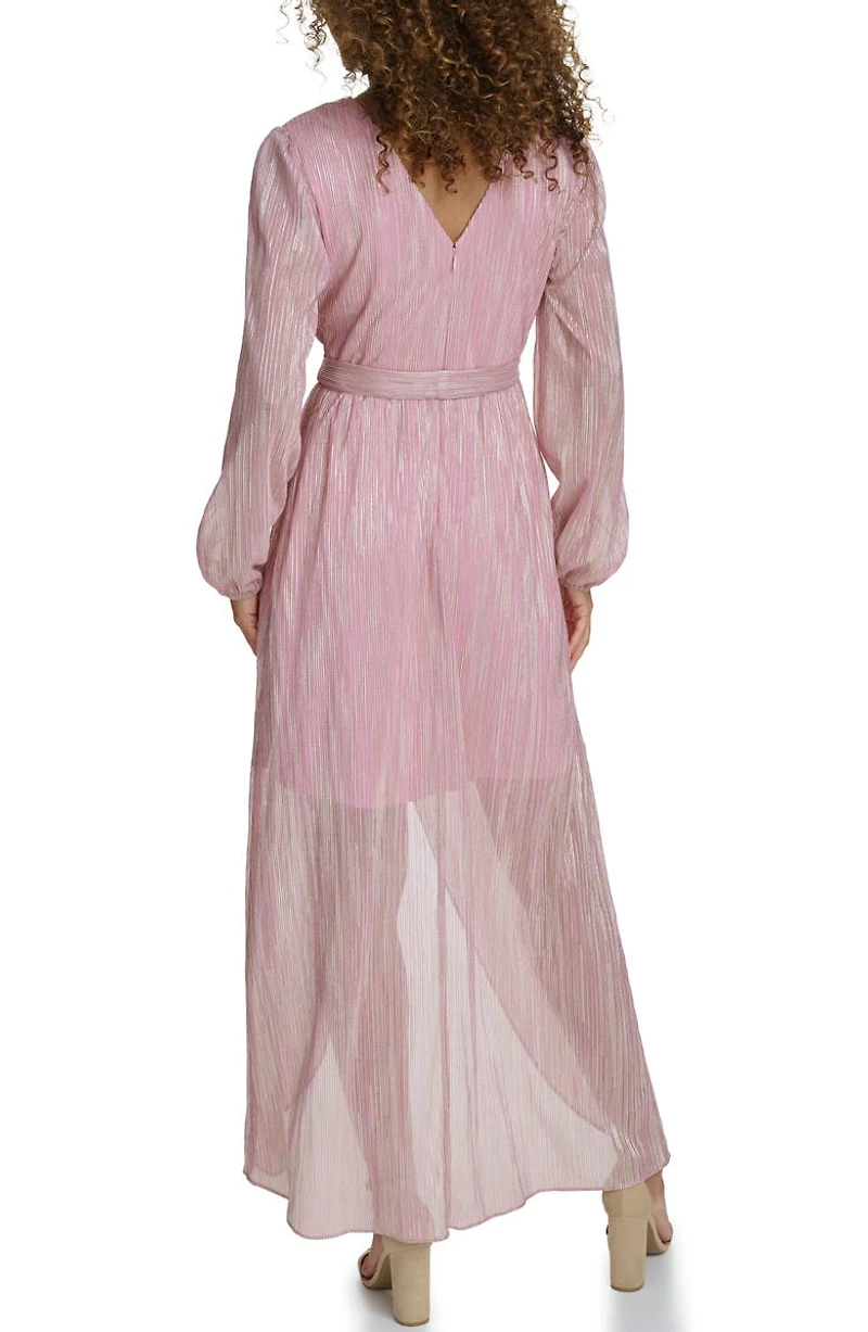 Long Sleeve Foiled Woven Faux Wrap Dress