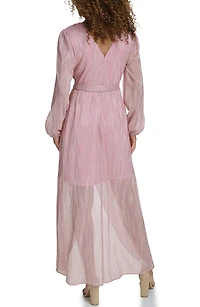 Long Sleeve Foiled Woven Faux Wrap Dress
