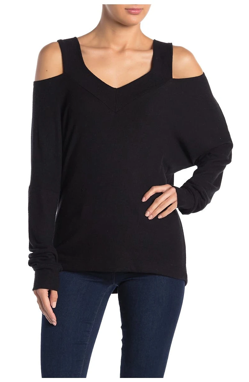 V-Neck Cold Shoulder Hacci Sweater
