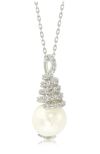 Sterling Silver CZ Pave 10mm Cultured Freshwater Pearl Pendant Necklace