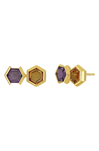 14K Gold Color Amethyst Stud Earrings