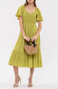 Flutter Sleeve A-Line Midi Dress