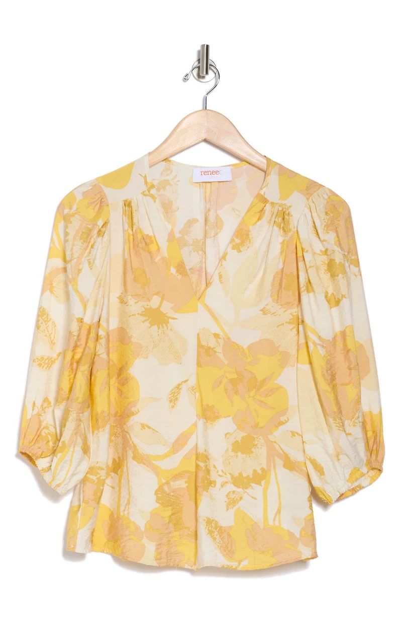 Floral V-Neck Three-Quarter Sleeve Top