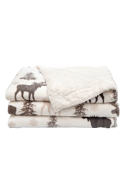 Moose Print Reversible Faux Shearling Throw Blanket