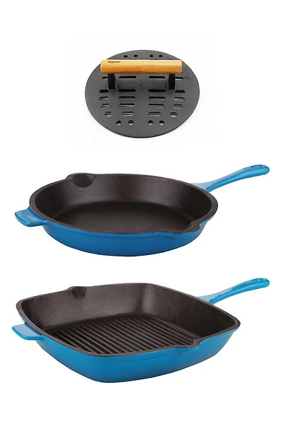 INTERNATIONAL Neo Blue Cast Iron Fry Pan, Grill Pan & Slotted Steak Press 3-Piece Set