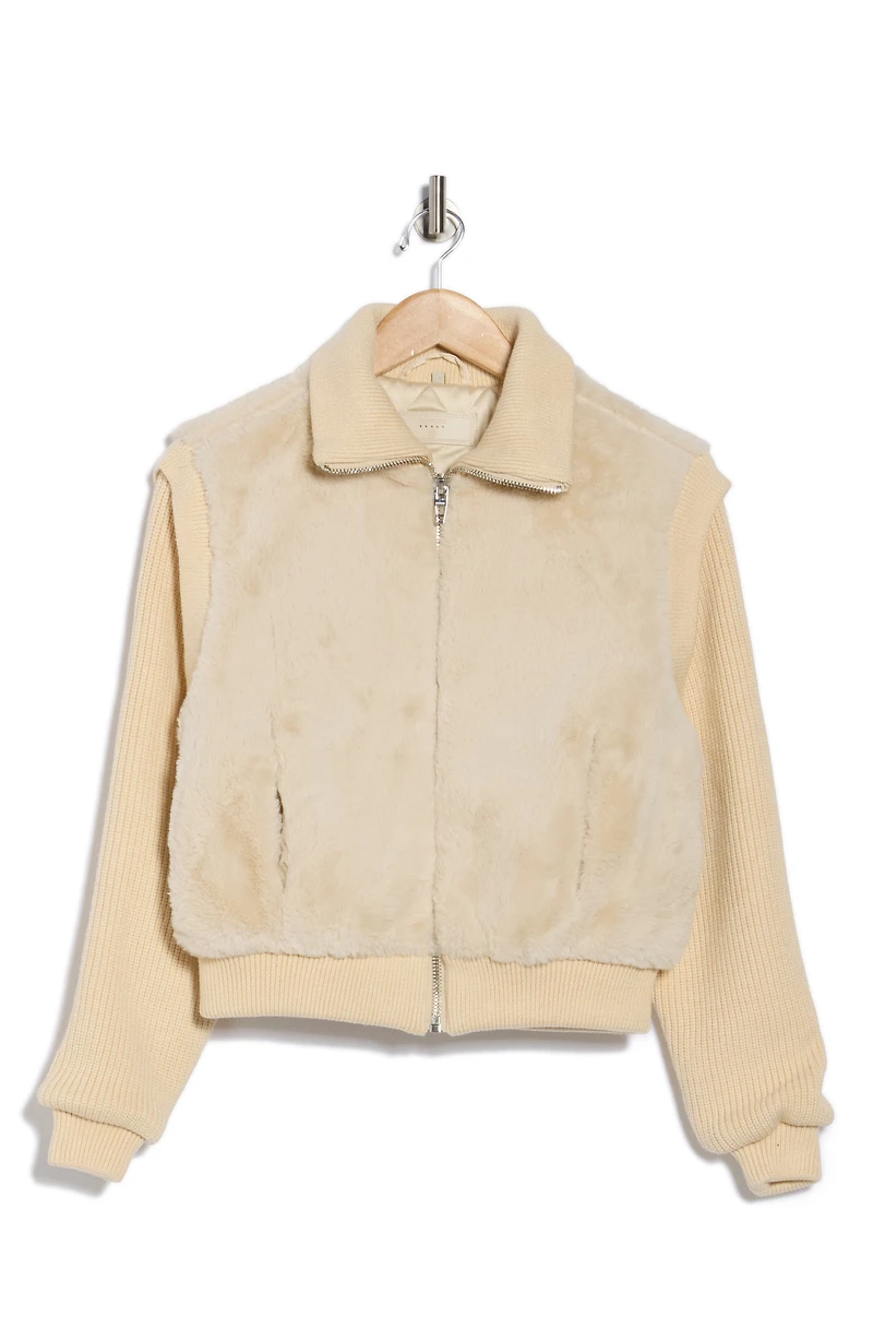 Mixed Media Faux Fur Bomber Jacket