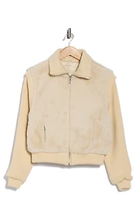 Mixed Media Faux Fur Bomber Jacket