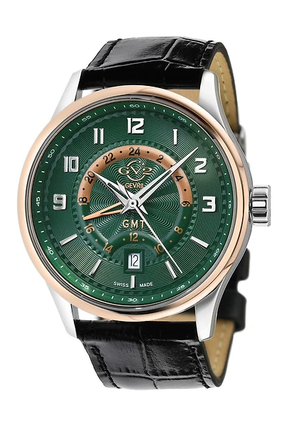 Men's Giromondo Green Dial Black Calfskin Leather Watch, 42mm