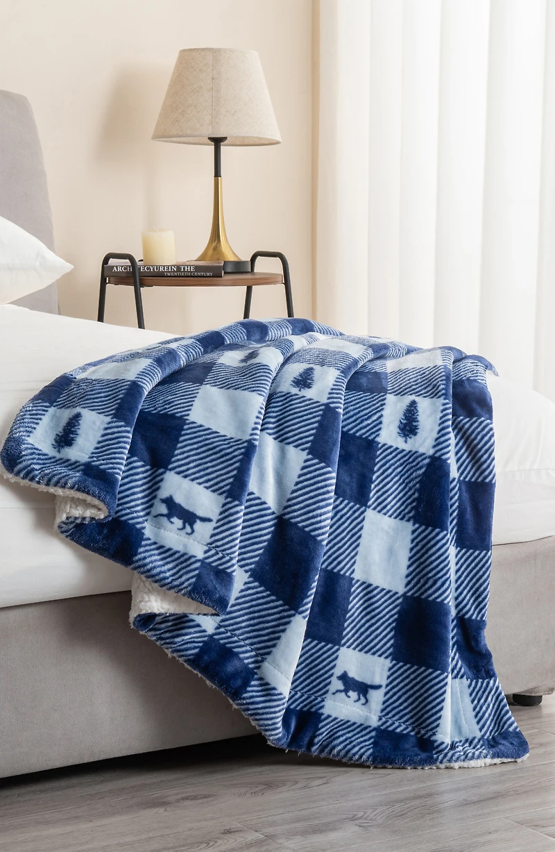 Logde Plaid Print Reversible Faux Shearling Throw Blanket