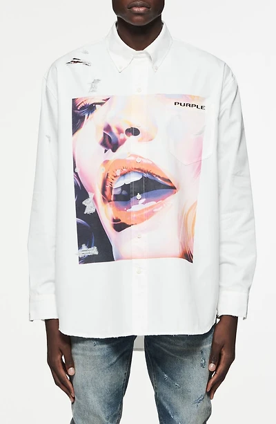 Distressed Graphic Print Button-Up Shirt