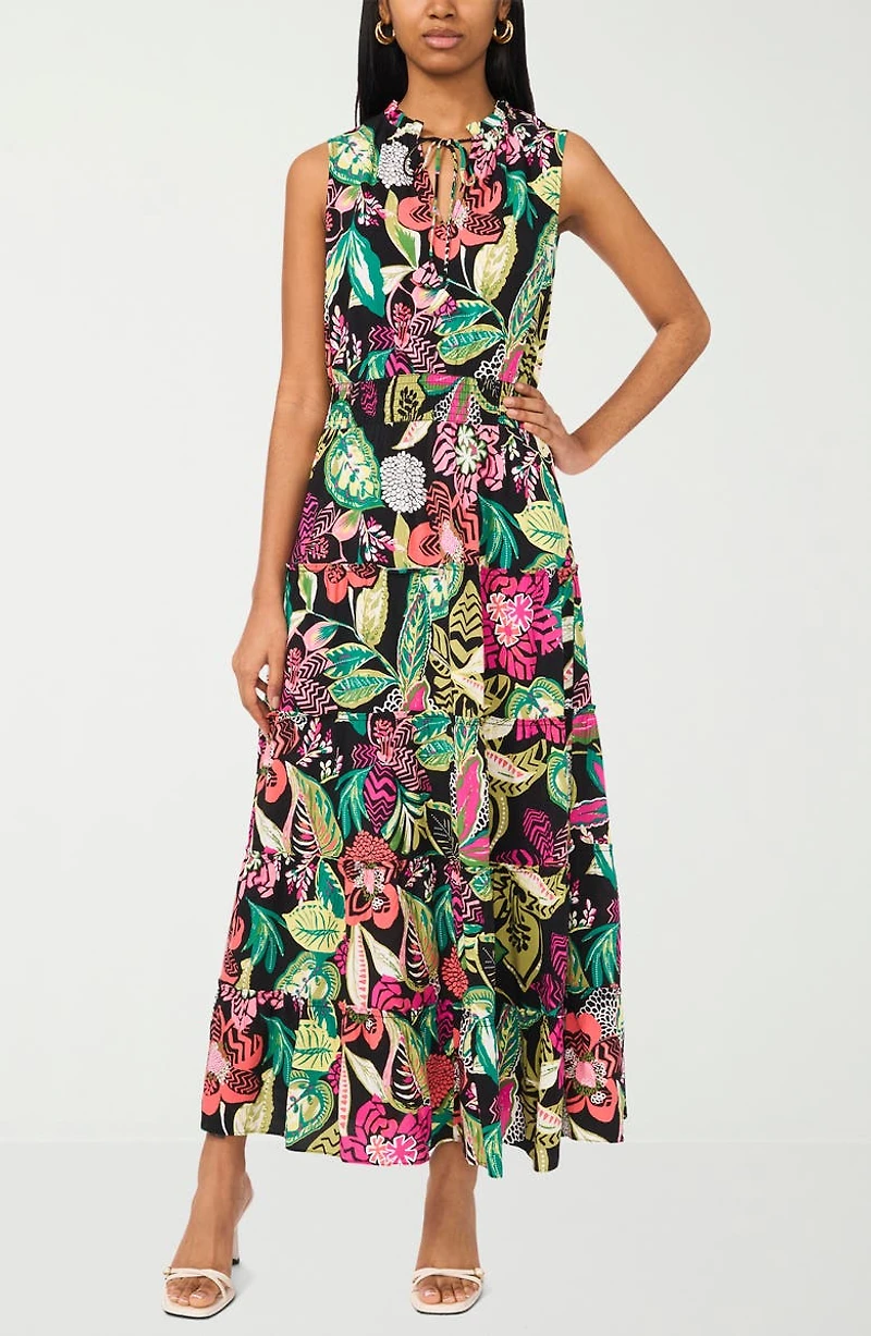 Tie Keyhole Sleeveless Tiered Maxi Dress