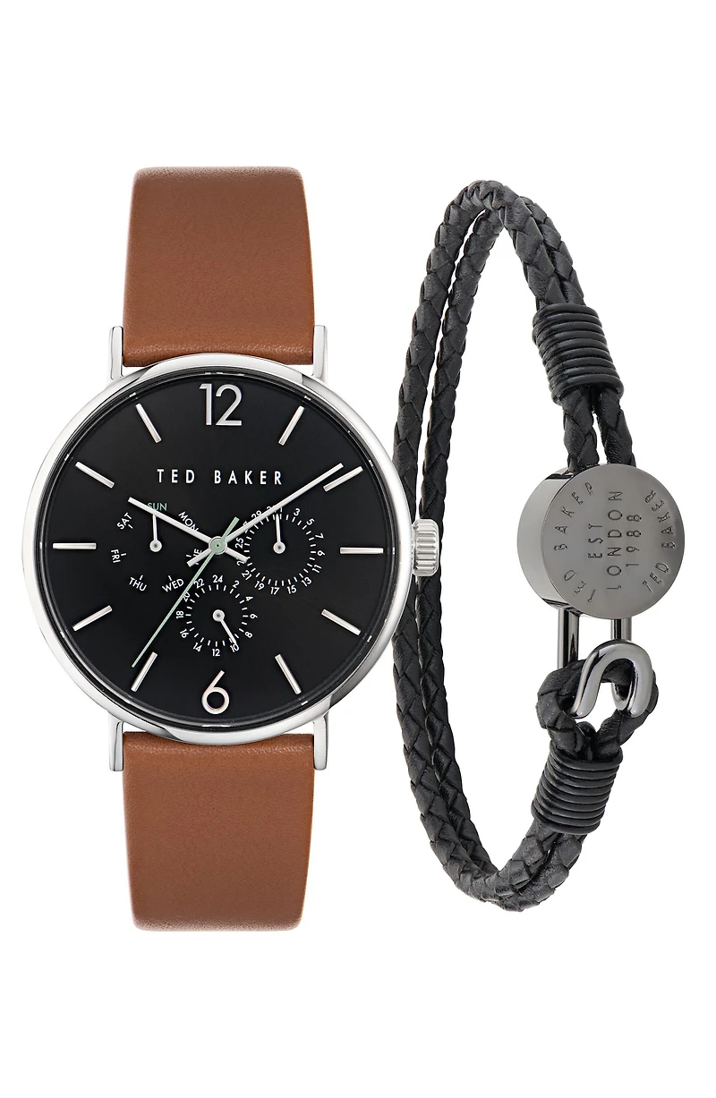 Phylipa Chronograph Leather Strap Watch & Bracelet Set, 41mm