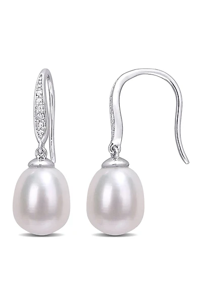 Cultured Freshwater Pearl & Diamond Drop Earrings - 0.02ct.