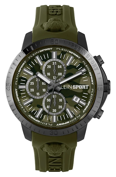 Camo Dial Three-Hand Quartz Silicone Strap Watch, 43mm
