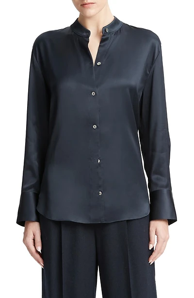Band Collar Satin Button-Up Shirt