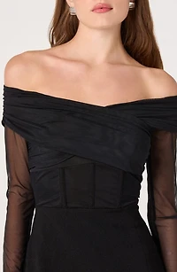 Off the Shoulder Long Sleeve Mesh Minidress