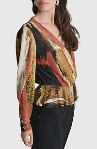 Print Faux Wrap Peplum Top