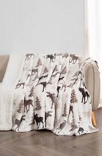 Moose Print Reversible Faux Shearling Throw Blanket