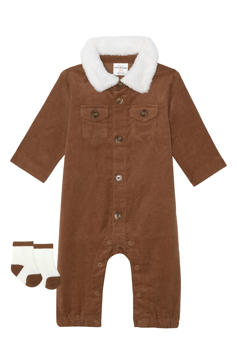 2-Piece Fleece Collar Corduroy Romper Set