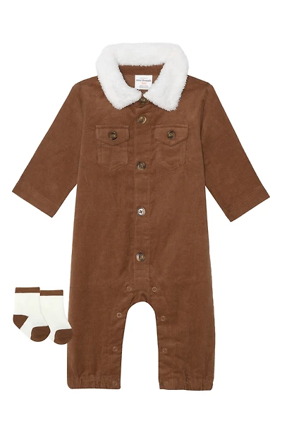 2-Piece Fleece Collar Corduroy Romper Set