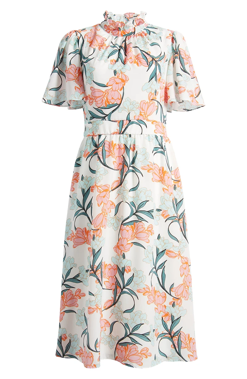 Floral Print Flutter Sleeve Midi Dress