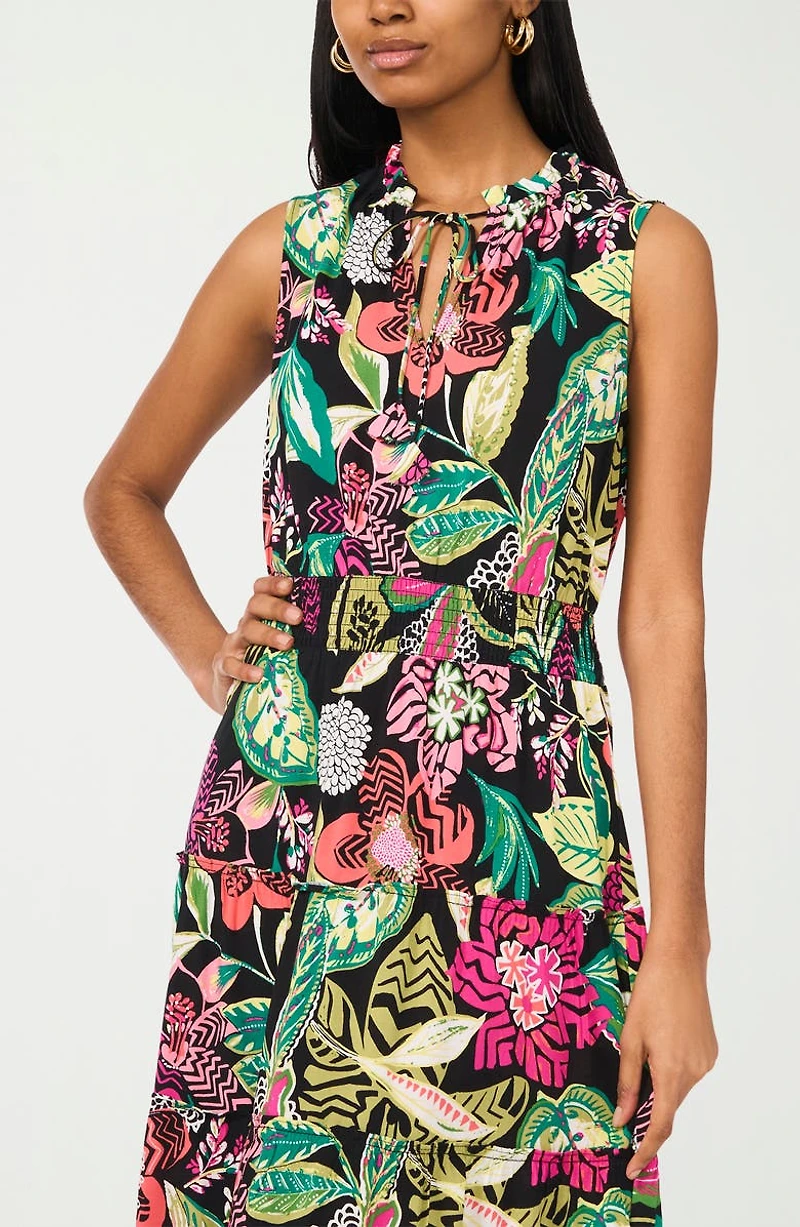 Tie Keyhole Sleeveless Tiered Maxi Dress