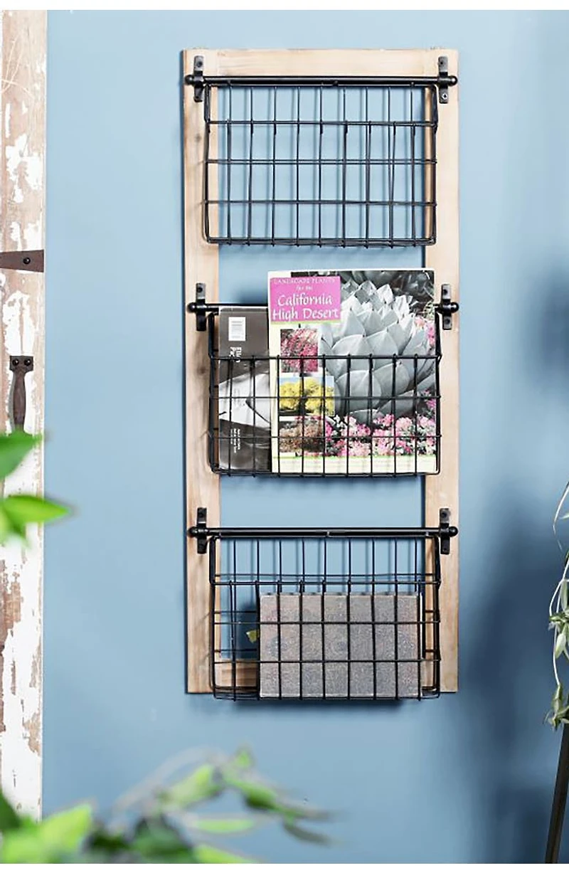 Black Metal 3-Slot Magazine Rack Holder with Suspended Baskets