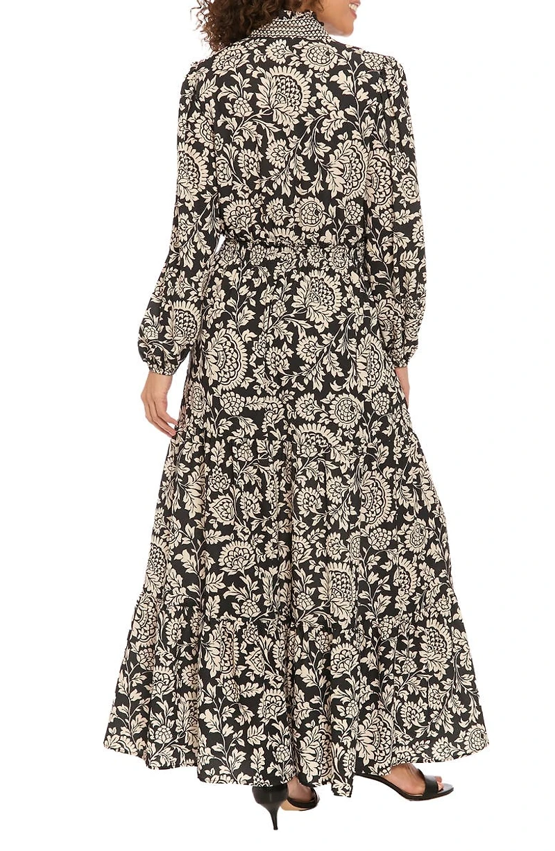 Long Sleeve Bubble Crepe Tiered Maxi Dress