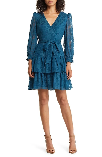 Long Sleeve Tiered Faux Wrap Dress
