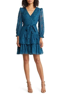 Long Sleeve Tiered Faux Wrap Dress