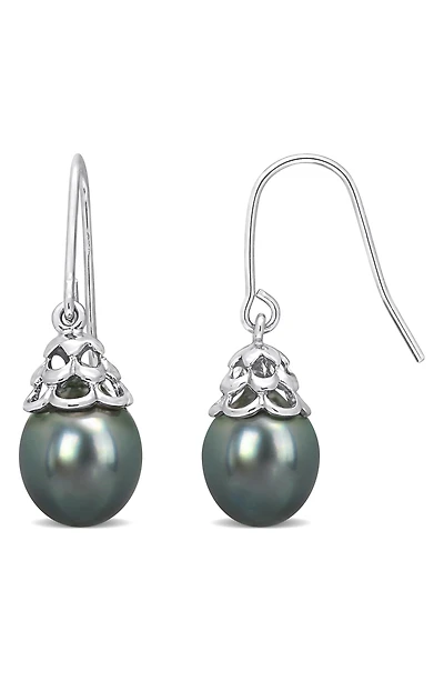Sterling Silver 8–8.5mm Cultured Black Tahitian Pearl Drop Earrings