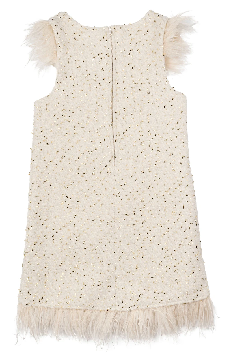 Kids' Faux Feather Trim Foil Bouclé Dress