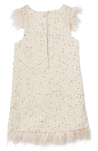 Kids' Faux Feather Trim Foil Bouclé Dress