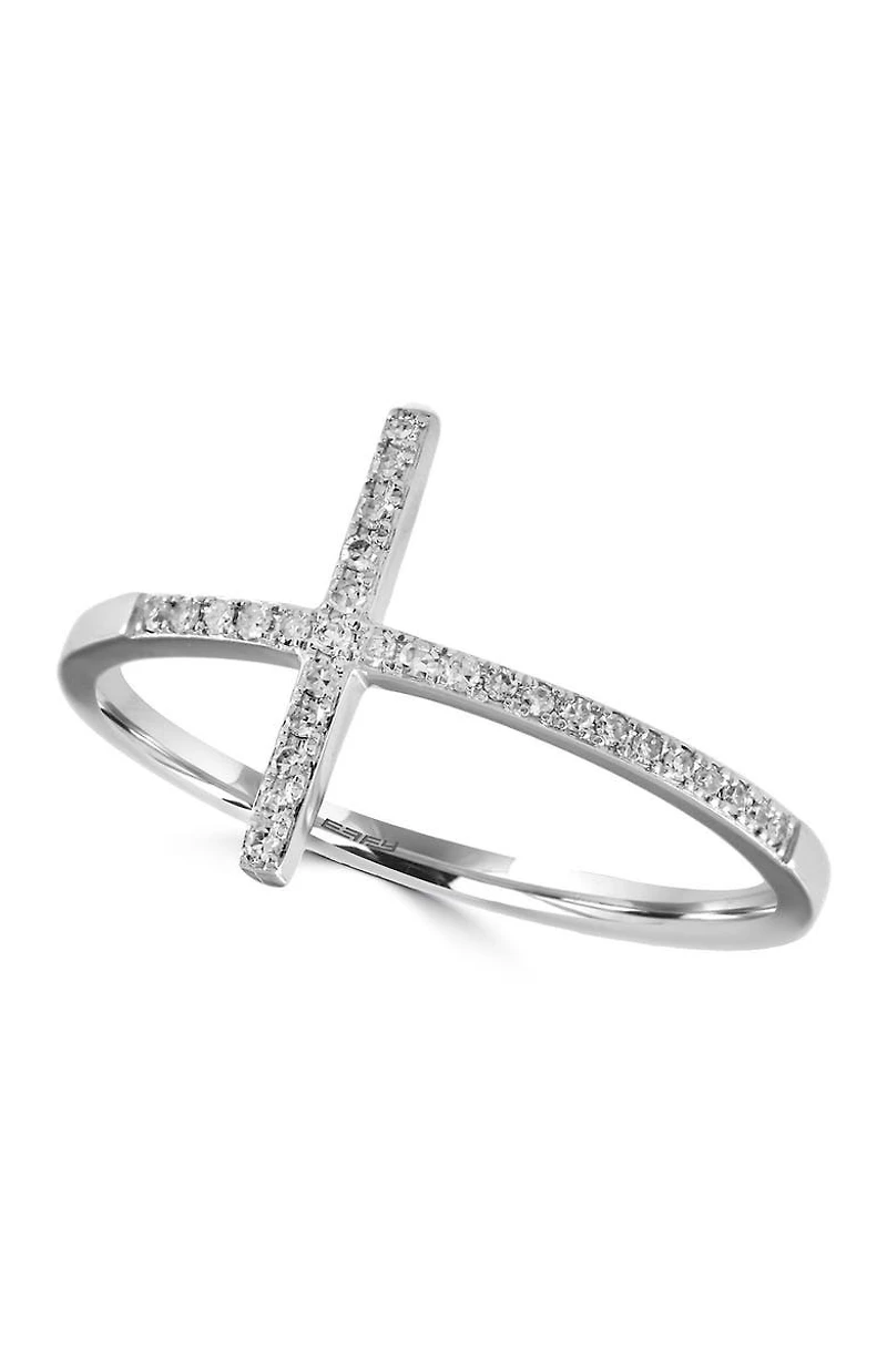 14K White Gold Pave Diamond Cross Ring - 0.1 ctw