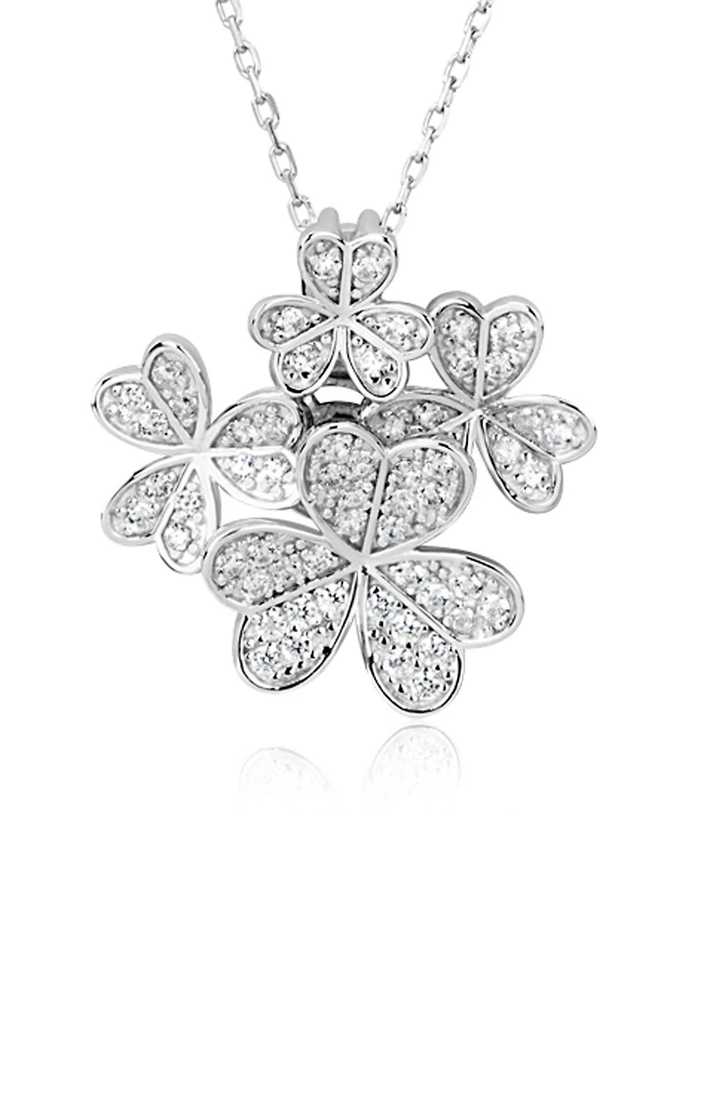 Sterling Silver Cubic Zirconia Flower Cluster Pendant Necklace